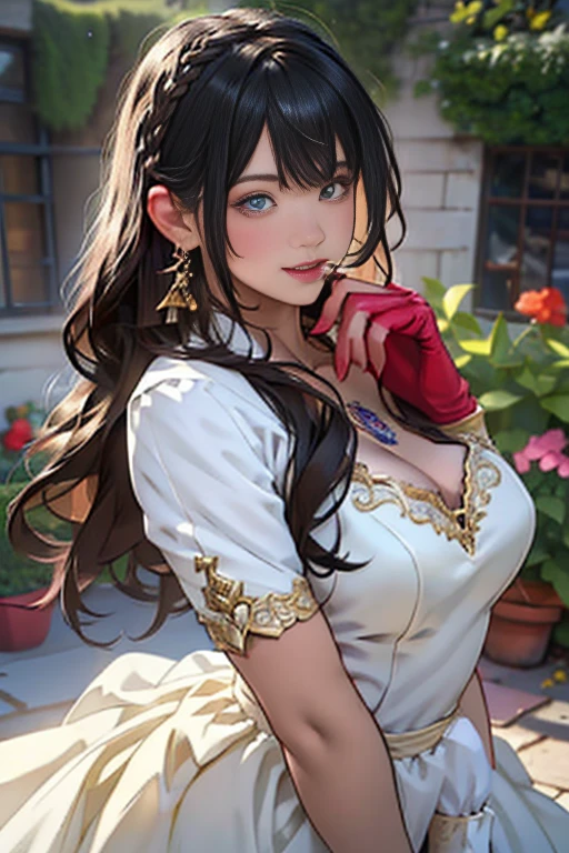 Youghal, side lock, hair ornaments, hair band, red eyes, light smile, big , Revimpling fabric, earrings, Hand gloves, detailed face,smoking,brunette hair,detailed and beautiful eyes,beautiful detailed lips,Rolling her eyes,manner,nice,garden background,artistic rendering,Super detailed,(highest quality,4k,8K,High resolution,masterpiece:1.2),Bright colors,studio lighting
