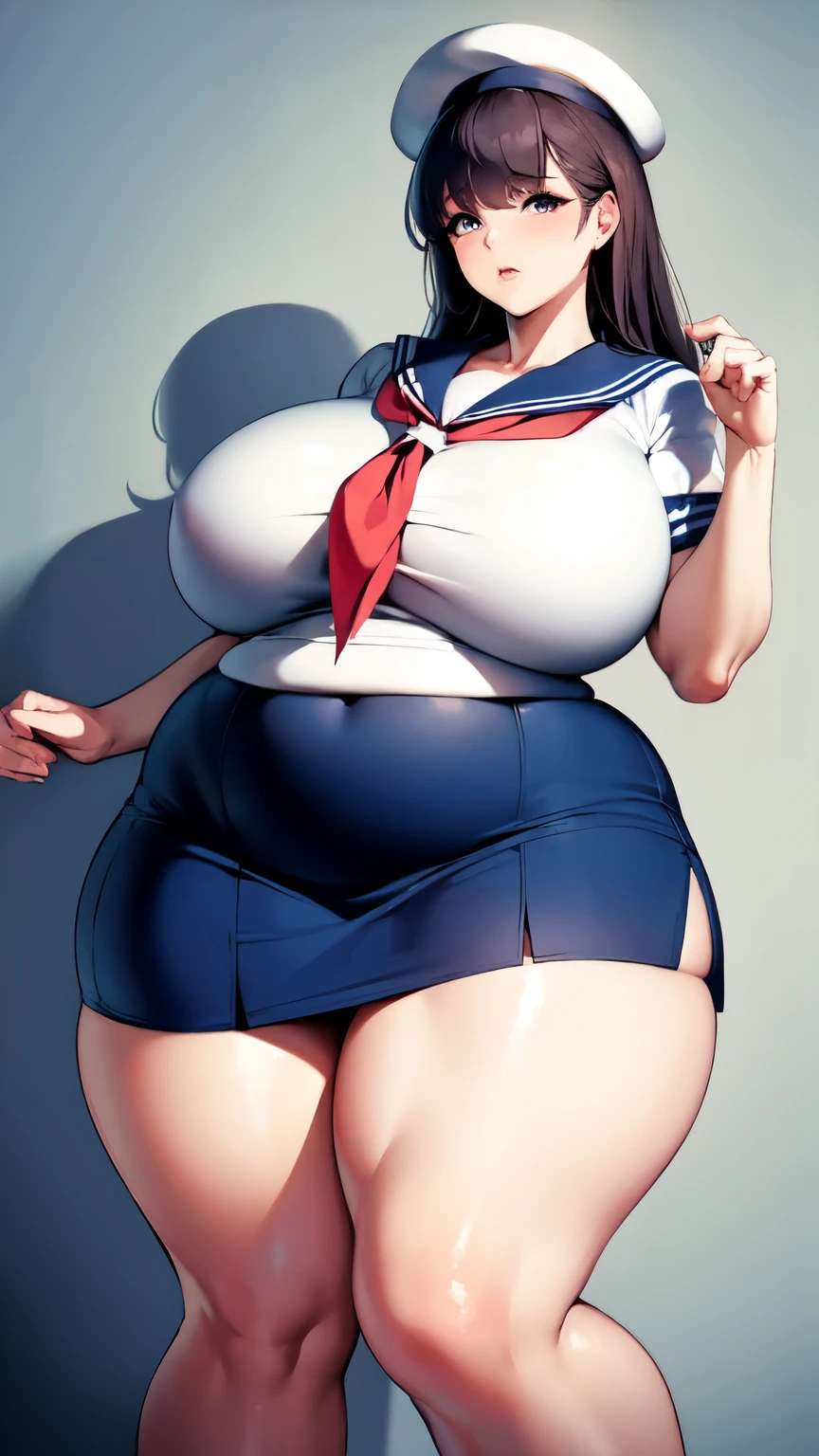 huge breasts, big hips, sailor suit, mini skirt, full body shot, Mature mother, Whipping the lower body, plump thighs, calf, bewitching mature woman, perfect body, plus size model,