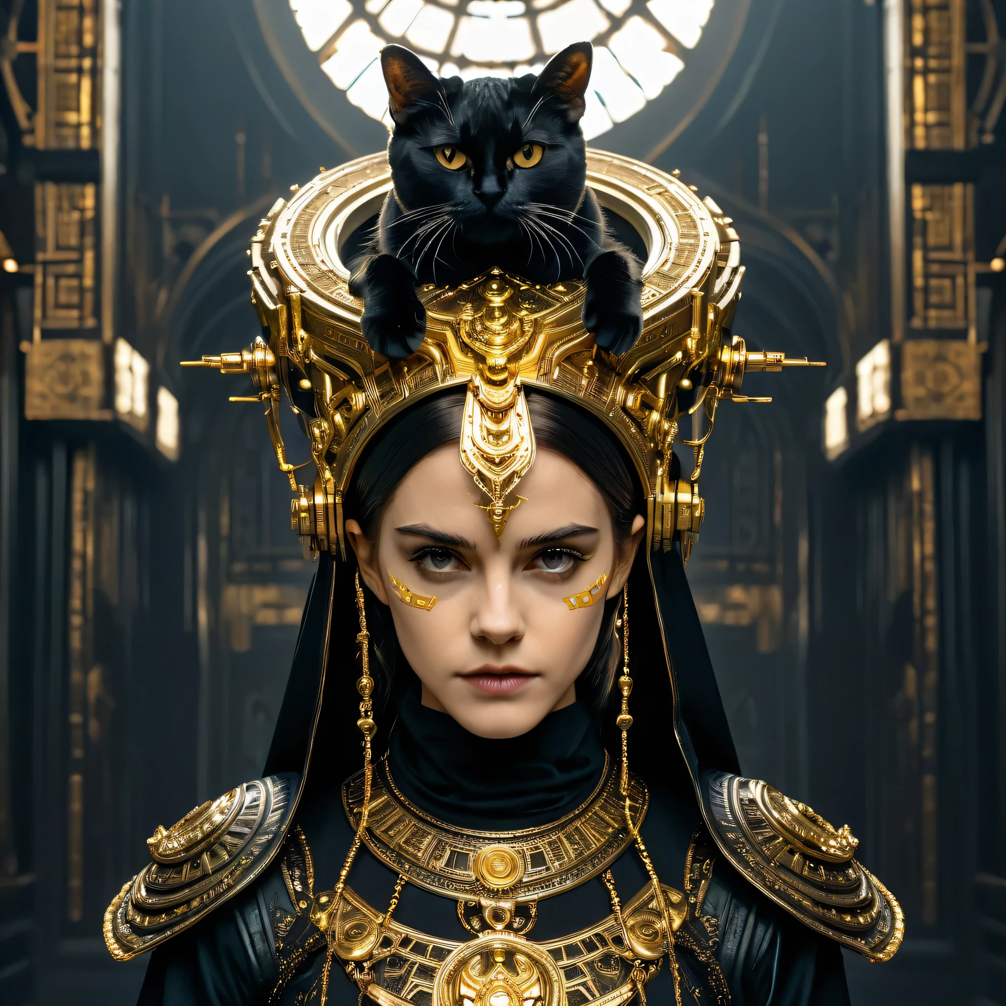 arafed woman in a black and gold costume with a cat on her head, cyberpunk art inspired by Hedi Xandt, trending on cgsociety, gothic art, ornate cosplay, intricate wlop, occult inspired, orthodox cyberpunk, occult aesthetic, karol bak of emma watson nun, headpiece, cinematic goddess shot, extremely detailed goddess shot, ornate headpiece