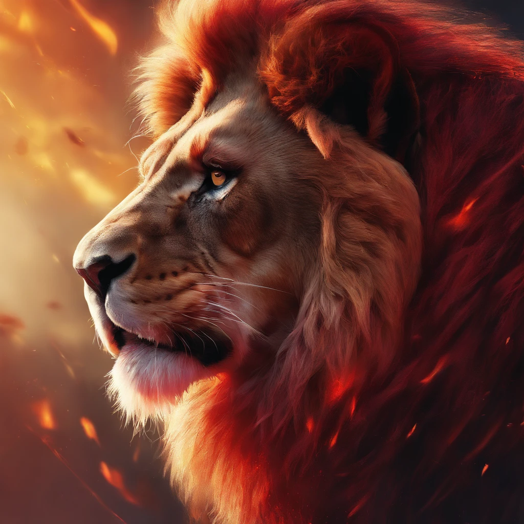 (High resolution,realistic,photorealistic:1.2), (Red majestic lion with flaming mane,A strong and loud roar), (oil,hyper-realistic), (Detailed muscles and fur), (intense gaze),(dark background, contrasting colors), (Golden soft lighting)