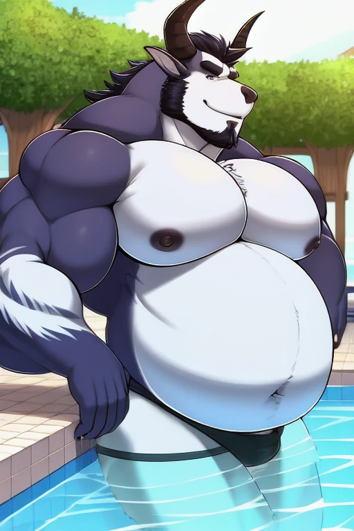 Bara furry, anththropomorphic Behemoth, four Arms, Horns, goatee, older gent, DILF, big pecs, broad shoulders, musclegut, at the public pool, Daddy,