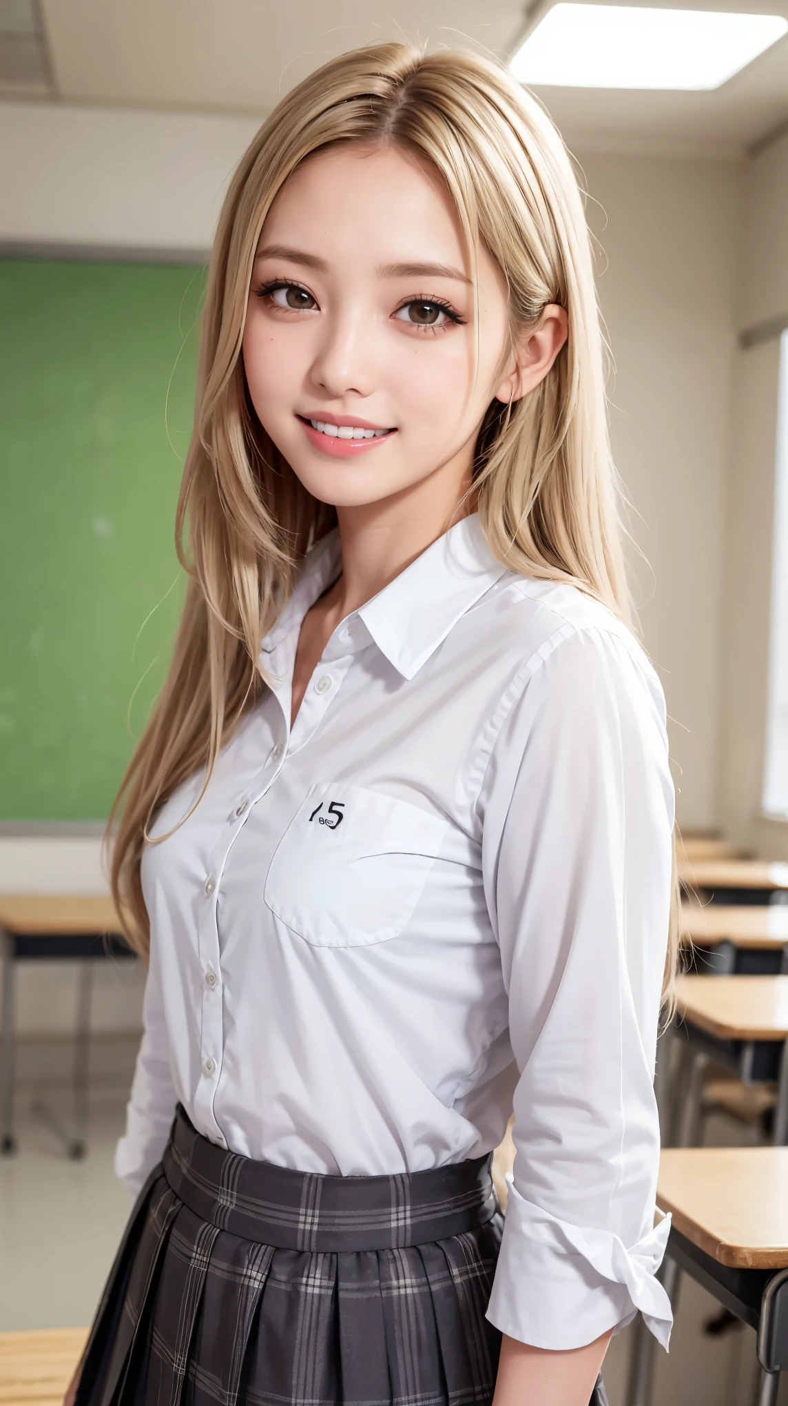 Realistic, masterpiece, highest quality, highest resolution, one Japanese high school girl, 16 years old, upper body photo, She narrows her eyes and looks at me with a shy smile and a smile, smiling with open mouth, Beautiful and detailed eye drawing, (droopy eyes:1.3), black eyes, thin eyebrows, Carefully draw eyelashes, A little tooth is visible, gal makeup, (blonde hair, midium hair, middle part:1.3), (hidden creased eyelids:1.3), He is wearing a neat white button-up shirt., She is wearing a short pleated skirt with a gray plaid pattern, A was photographed from below at an angle, school classroom