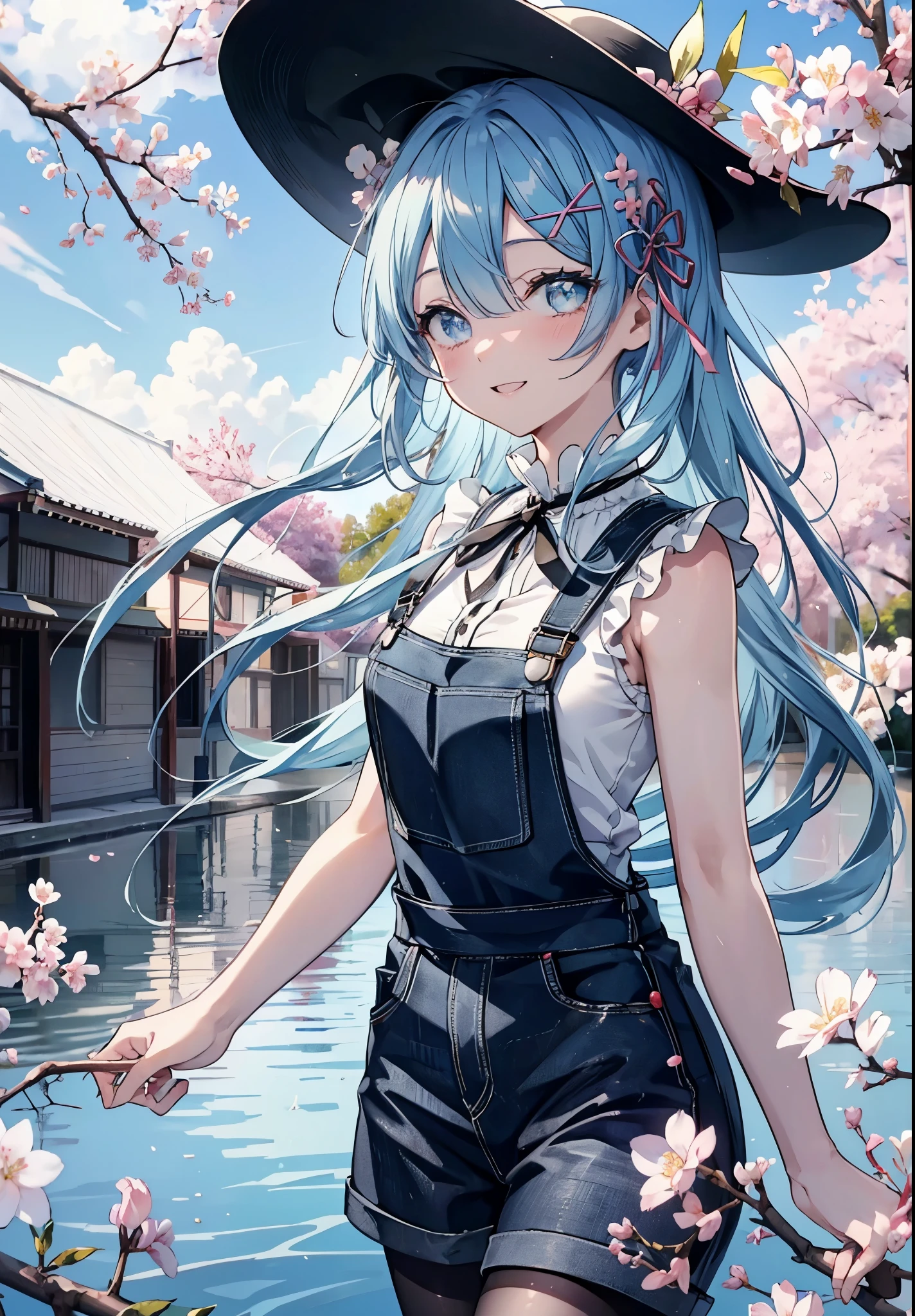 rezeroRem, Rem, blue eyes, blue hair, hair ornaments, hair above one eye, hair ribbon, long hair, x hair ornaments,happy smile, smile, open your mouth,skirt,Hunting Hat,Pink tank top shirt,bare arms,denim overalls,shorts,black tights,Mini Boots,cherry blossoms,cherry blossoms並木道,cherry blossomsが咲いている,cherry blossomsが散っている,morning,morning日,the sun is rising,
break outdoors, garden,
break looking at viewer, (cowboy shot:1. 5)
break (masterpiece:1.2), highest quality, High resolution, unity 8k wallpaper, (figure:0.8), (detailed and beautiful eyes:1.6), extRemely detailed face, perfect lighting, extRemely detailed CG, (perfect hands, perfect anatomy),