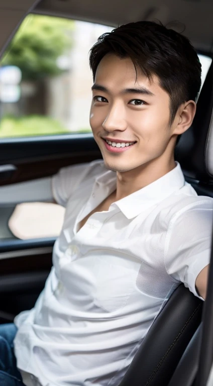 Japanese men.A young man around 28 years old(masterpiece:1.4), Hair neatly combed.Smile, sharp focus, whole body (1.4), White shirt, wonderful, Man sitting in the driver's seat of a BMW,Put your hands on the steering wheel.