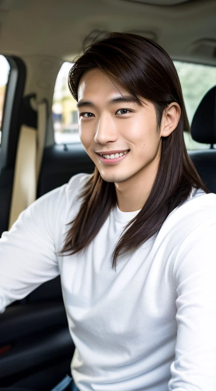 Japanese men.A young man around 28 years old(masterpiece:1.4), Hair neatly combed.Smile, sharp focus, whole body (1.4), White shirt, wonderful, Man sitting in the driver's seat of a BMW,Put your hands on the steering wheel.