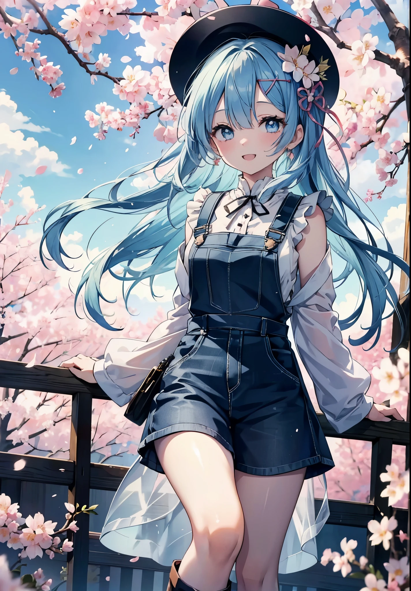 rezeroRem, Rem, blue eyes, blue hair, hair ornaments, hair above one eye, hair ribbon, long hair, x hair ornaments,happy smile, smile, open your mouth,skirt,Hunting Hat,Pink tank top shirt,bare arms,denim overalls,shorts,black tights,Mini Boots,cherry blossoms,cherry blossoms並木道,cherry blossomsが咲いている,cherry blossomsが散っている,morning,morning日,the sun is rising,
break outdoors, garden,
break looking at viewer, (cowboy shot:1. 5)
break (masterpiece:1.2), highest quality, High resolution, unity 8k wallpaper, (figure:0.8), (detailed and beautiful eyes:1.6), extRemely detailed face, perfect lighting, extRemely detailed CG, (perfect hands, perfect anatomy),