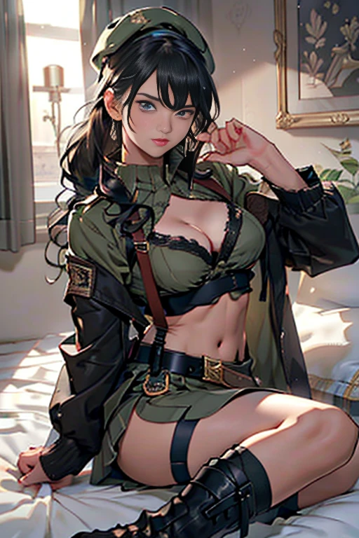 ubel,dark green hair,long hair,side ponytail,hair between eyes,bangs, (beret, black jacket, open clothes, cleavage, midriff, (Make the subject look three-dimensional with the contrast of light and shadow),Cute and beautiful 22yo girl,(masterpiece:1.2), best quality, high resolution, unity 8k wallpaper, (illustration:0.8), (beautiful detailed eyes:1.6), extremely detailed face, perfect lighting, extremely detailed CG, (perfect hands, perfect anatomy),(brown eyes: 1.1),Brown hair,watching at viewers,black suspenders,(Bulging ,big breasts:1.1),tacticul jacet,Black miniskirt,garters,Gaze,Small face,bangss,holster,Belt Armament,Beautuful Women　srestrained,hands up,sitting Lying in bed,Leg holster ,Gaze,black boots,panty shot, extremely detailed face, perfect lighting, extremely detailed CG, 