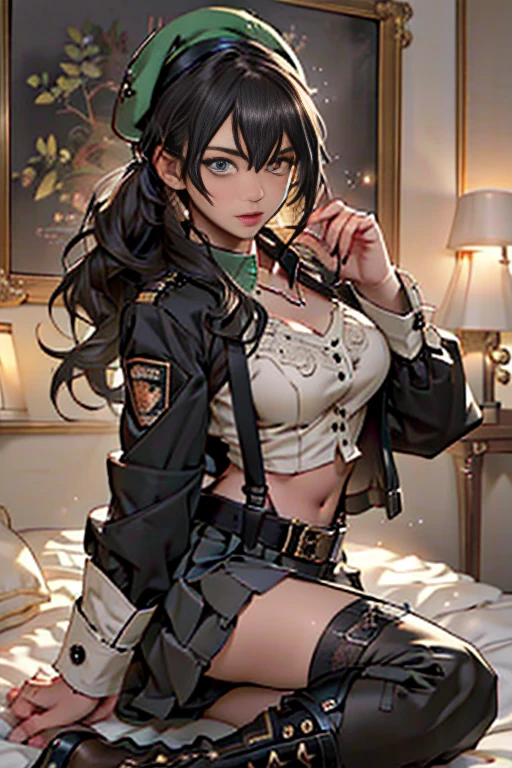 ubel,dark green hair,long hair,side ponytail,hair between eyes,bangs, (beret, black jacket, open clothes, cleavage, midriff, (Make the subject look three-dimensional with the contrast of light and shadow),Cute and beautiful 22yo girl,(masterpiece:1.2), best quality, high resolution, unity 8k wallpaper, (illustration:0.8), (beautiful detailed eyes:1.6), extremely detailed face, perfect lighting, extremely detailed CG, (perfect hands, perfect anatomy),(brown eyes: 1.1),Brown hair,watching at viewers,black suspenders,(Bulging ,big breasts:1.1),tacticul jacet,Black miniskirt,garters,Gaze,Small face,bangss,holster,Belt Armament,Beautuful Women　srestrained,hands up,sitting Lying in bed,Leg holster ,Gaze,black boots,panty shot, extremely detailed face, perfect lighting, extremely detailed CG, 