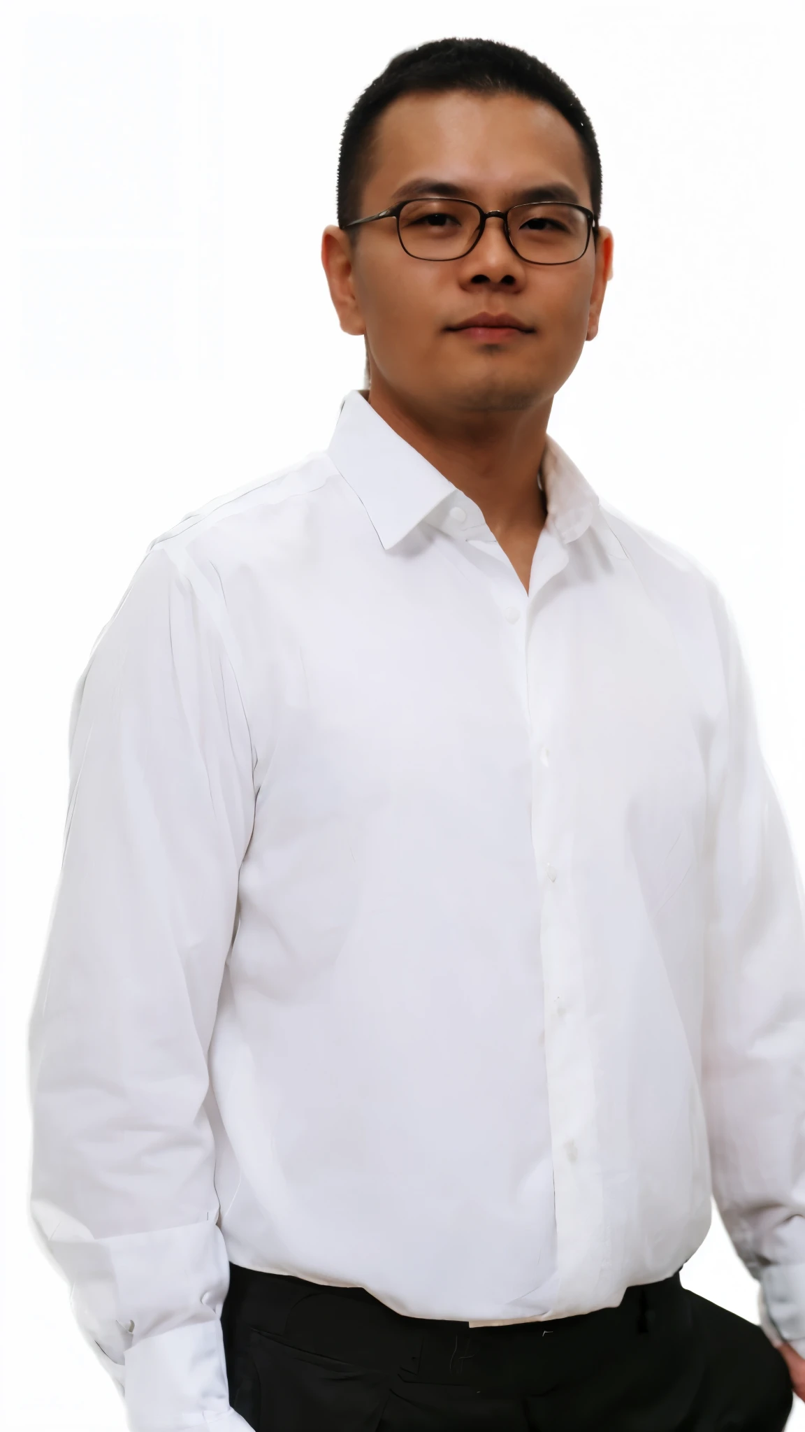 arafed man 30 years old, oval face, in a white shirt and black pants posing for a picture, wearing white shirt, wearing a white shirt, bao pham, phuoc quan, wearing in shirt, white sleeves, fine white shirt, white background!!!!!!!!!!, wearing white cloths, full body photograph, portrait full body, clothed in white shirt, bao phan, fullbody photo