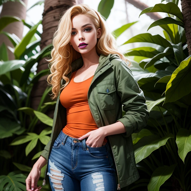 debbieb3rry, in jungle, long curly blonde hair, green jacket, orange shirt, torn jeans, purple lips, (intricate details), perfect eyes, perfect face, perfect lighting, beautiful, (masterpiece:1.2), (best quality:1.2)