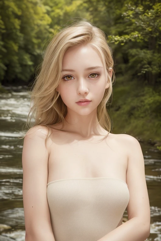 masterpiece:1.3), (8K, realistic, RAW photo, highest quality: 1.4), (1 girl), beautiful face, (realistic face), beautiful hairstyle, realistic eyes, beautiful and fine eyes ((yellow eyes)), sds elaine, white dress, bare shoulders, removed sleeve, river, forest, looking at the viewer, confused, head tilt, (smile), 