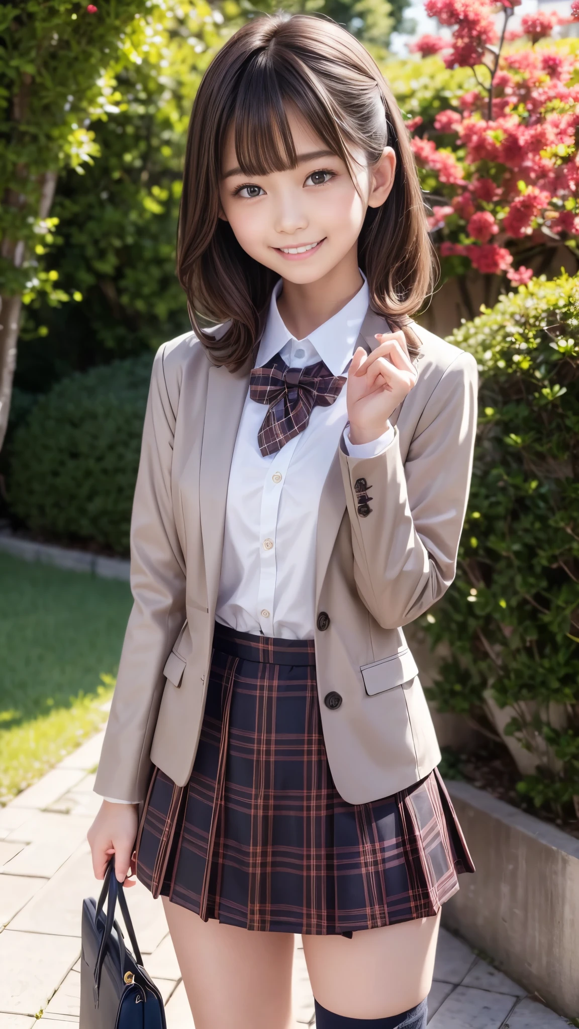 very cute and beautiful girl,teen,(very detailed美しい顔),(smile),Happy,cowboy shot,
(brown jacket:1.12),collared shirt,Checkered bowtie BREAK Detailed legs,zettai ryouiki,Brown shoulder bag,
stylish pose,hairpin,black hair,(blue plaid mini skirt:1.2),Rose Garden on University Campus,grassland,Stone Gate,
(highest quality,masterpiece:1.0),disorganized,High resolution,Super detailed,very detailed,32k,8K resolution,
intricate details,movie scene,detailed background,alone,dynamic angle,
hair blowing in the wind,beautiful detailed sky,perfect hands,