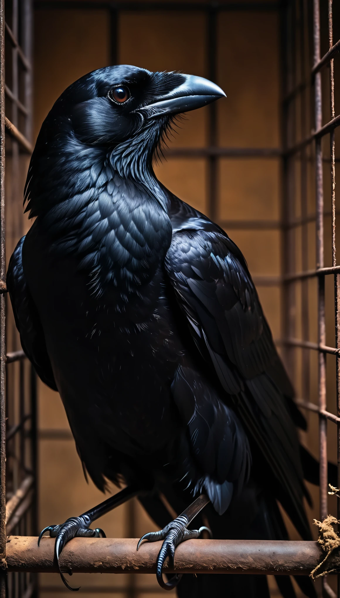 A black crow in an old cage, scary dark atmosphere, close up, horror, realistic photography in the style of unknown artist.