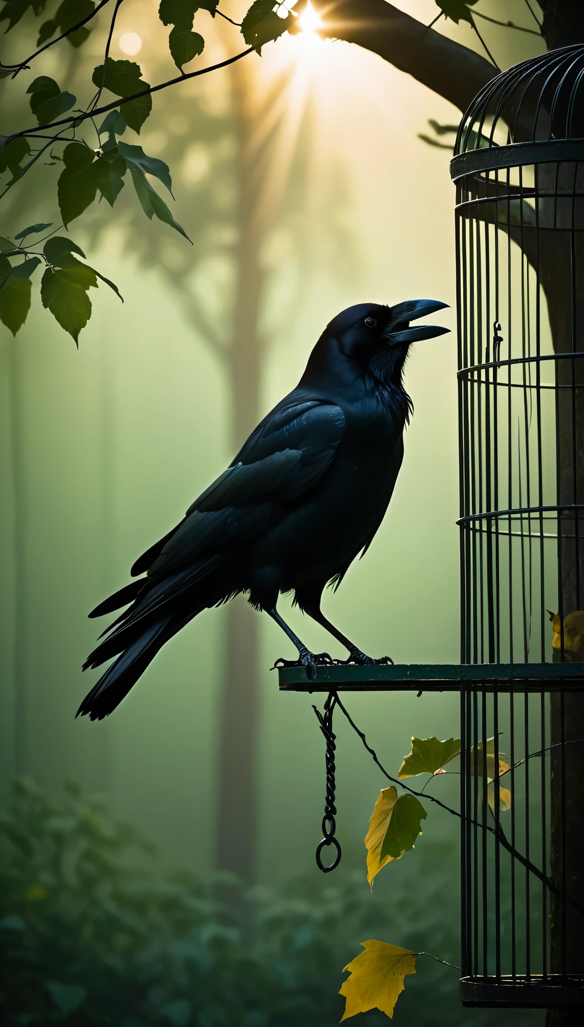 A crow in an open cage, ethereal background, silhouette photography, black and dark green tones, blurred foreground, mysterious atmosphere, soft lighting, and high resolution. The crow is perched on the edge of its cage with its wings spread wide as if ready to take flight into the air. In front of it stands a tall tree that reflects some sunlight through the leaves, creating gentle shadows around him. This scene evokes feelings of serenity and tranquility.