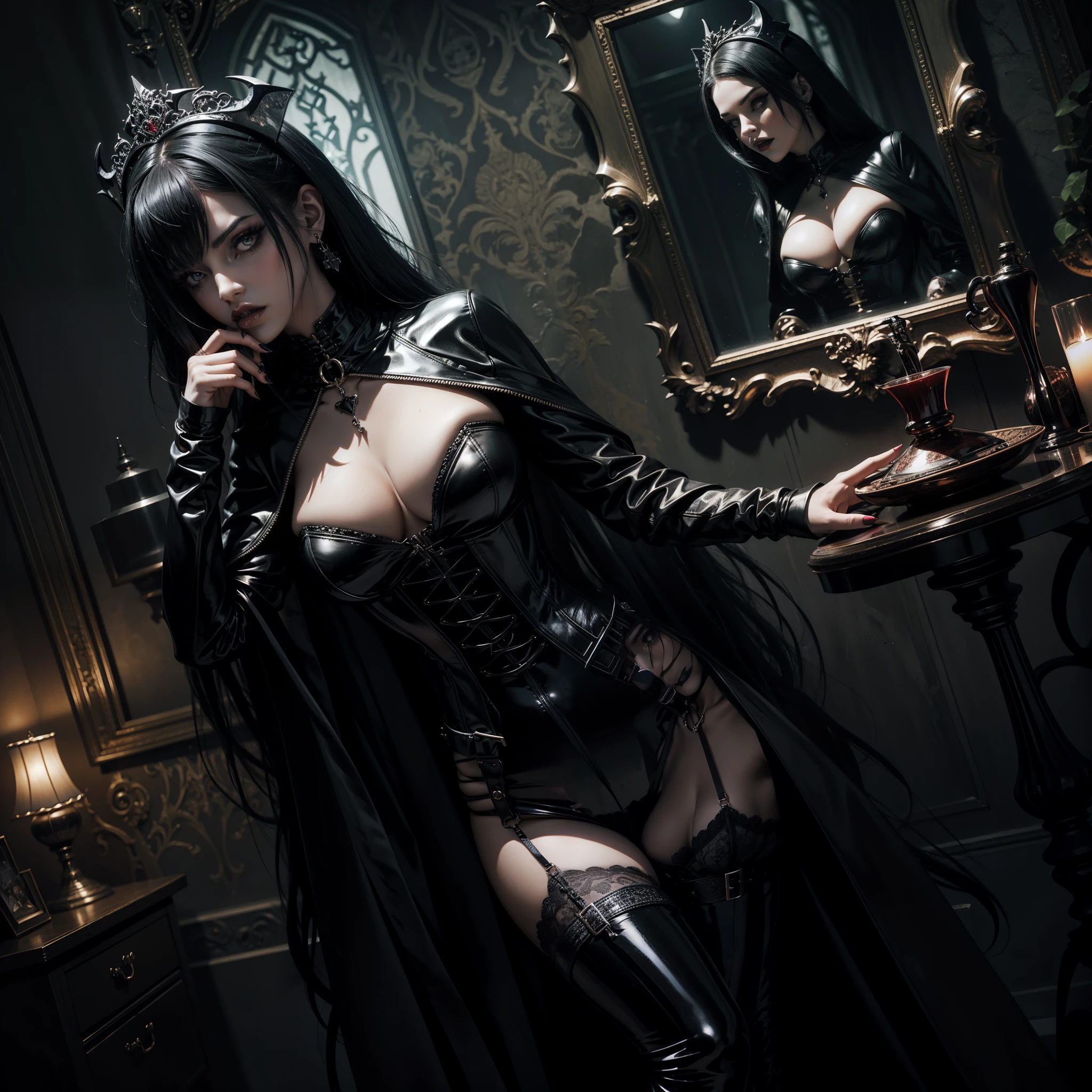 Araffed woman in black latex posing in a room, gotic girl,dark goth queen, Beautiful elegant demon queen, Portrait of a Gothic, gothic maiden of the dark, mulheres furiosas de cabelos escuros e franja, Fantasia sombria e sedutora, goth woman, arte de estilo fantasia escura, goth girl, no estilo da arte da fantasia sombria, 3D as a cute vampire with huge enslavement wearing a black corset and dental floss. She's posing very sexy
