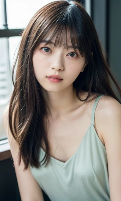 masterpiece、highest quality、16K、ultra high resolution、UHD,Depth of the bounds written、very detailed、soft light、professional lighting、Pale shading、Weak contrast、Japanese、beautiful girl、slender woman、Smooth, silky skin、clear white skin、daytime office、Window seat、sitting in front of the computer、A pale mint green slip dress that hugs her breasts、(smooth and beautiful thighs:1.6)、(small breast:1.0)、flat chest、Childlike breasts、small areola、small nipples、beautiful nipples、Cherry-colored nipples、white breast、fine and beautiful eyes、(hanging eyes)、(thin eyebrows:1.8)、(thin lips:1.8)、natural makeup、natural color lip、gentle smile、(floating hair、long wavy hair、high ponytail),(The bangs are see-through bangs)、