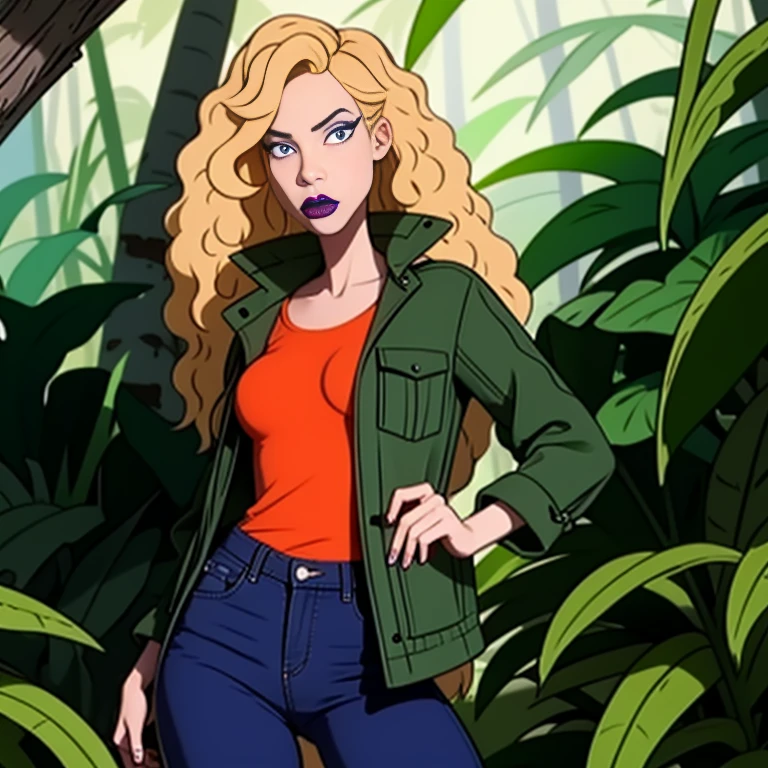 debbieb3rry, in jungle, long curly blonde hair, green jacket, orange shirt, torn jeans, purple lips, (intricate details), perfect eyes, perfect face, perfect lighting, beautiful, (masterpiece:1.2), (best quality:1.2)