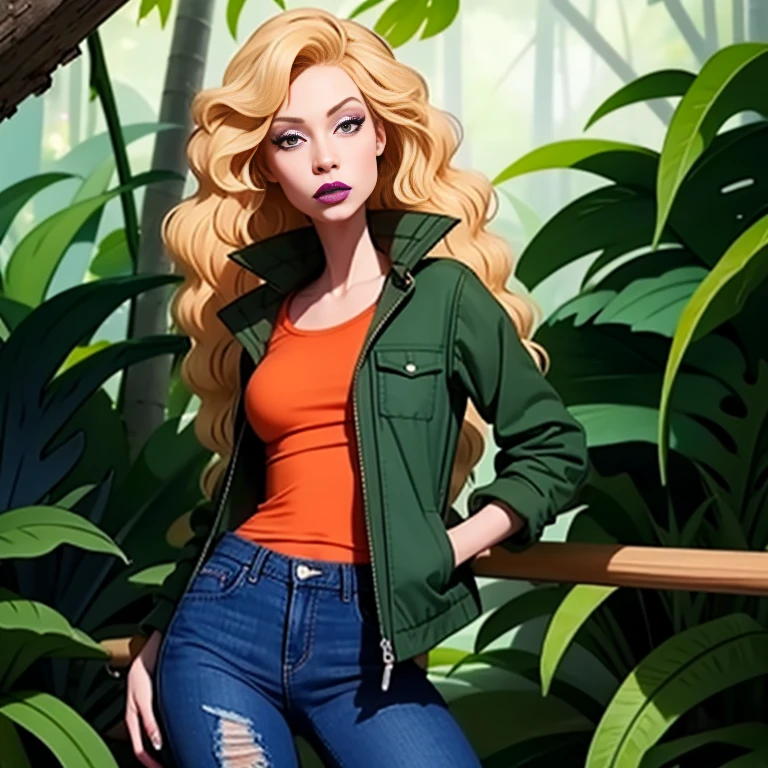 debbieb3rry, in jungle, long curly blonde hair, green jacket, orange shirt, torn jeans, purple lips, (intricate details), perfect eyes, perfect face, perfect lighting, beautiful, (masterpiece:1.2), (best quality:1.2)