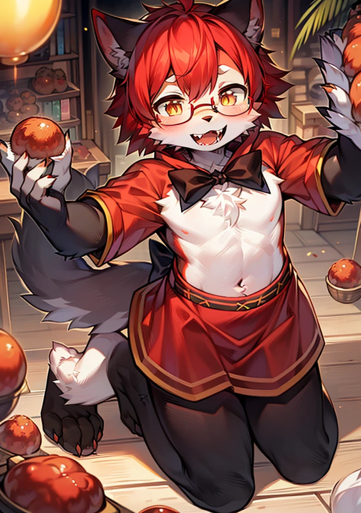 wearing glasses,masterpiece, high quality, H, number \(artwork\), through thick snacks, Yes,Kiyoyama,All over the body is red hair, male wolf,short hair,portrait, Bright Eyes,The eyes are gray,There is a golden X mark inside the pupil,With black bow,white belly,The tip of the tail is white,Palm White,Meatballs pink panorama,Character focus.(Detailed background:0.7),alone,hairy,hairy male ,male focus,Hana Charcoal,(Full body fur, hairy尾巴, red fur,),long canine teeth,cheongsam