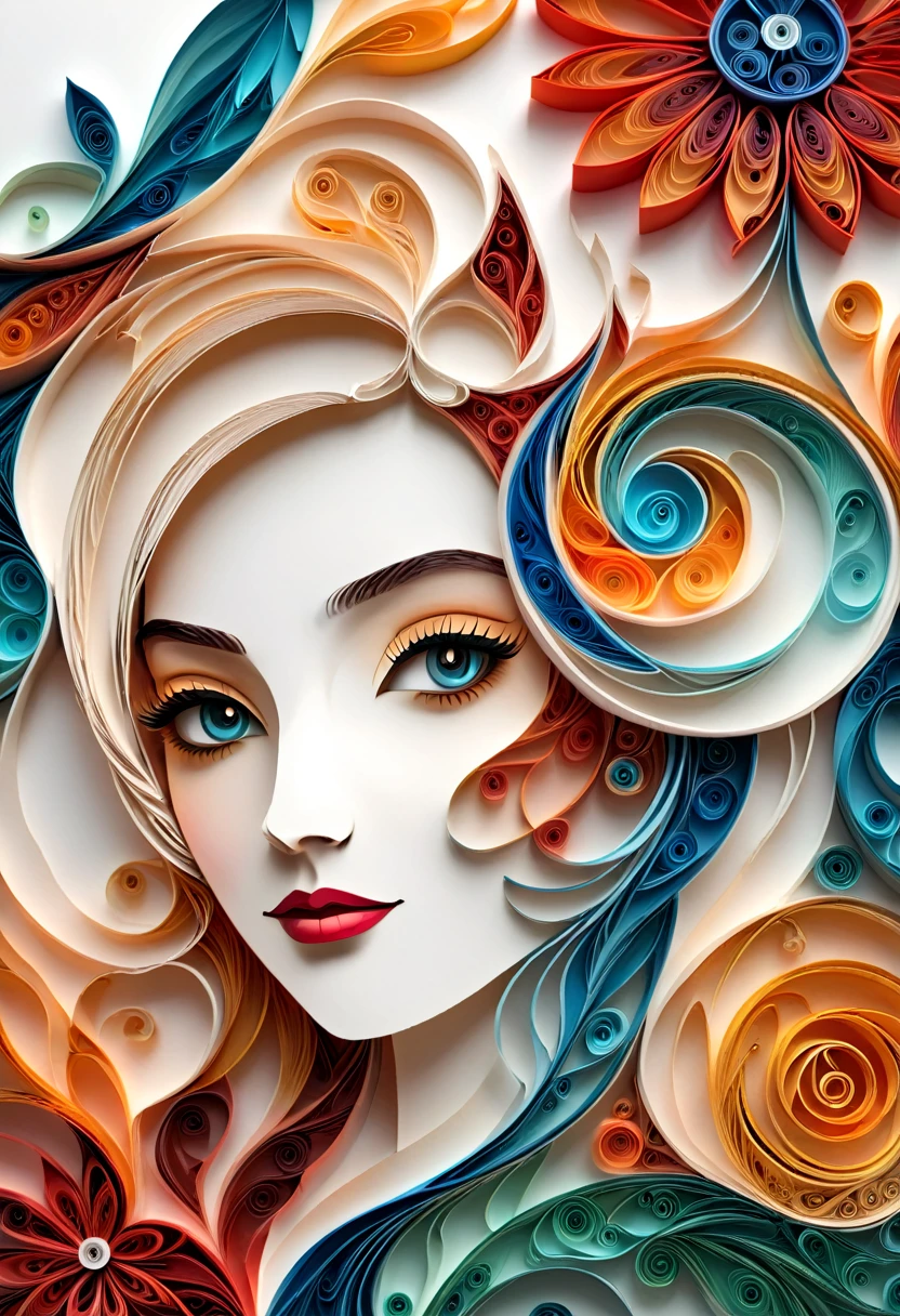 arte em papel,(Corte de papel plano，arte em papel，layered arte em papel，quilling de papel, The Art of Mathematics),fundo branco puro, mulher sorridente，(Alto detalhe, obra de arte, Melhor qualidade, ultra high definition)