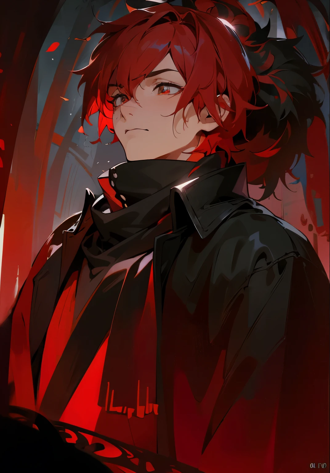 (a boy with darkened red hair, blindfolded eyes, highly detailed, emitting a dark aura, dressed in a black cloak, Anime boy, high quality, 8k)
(best quality, 8k, ultra-detailed, realistic:1.37), dark atmosphere, black background, intense shading, vibrant colors, intricate character design, dynamic pose, flowing red hair,blindfolded, striking facial features, brooding expression, mysterious aura, impeccable linework, meticulous attention to detail, anime-style rendering, dramatic lighting, atmospheric shadows, cinematic composition, intense emotions, epic scale, Olhos vendados, blindfolded