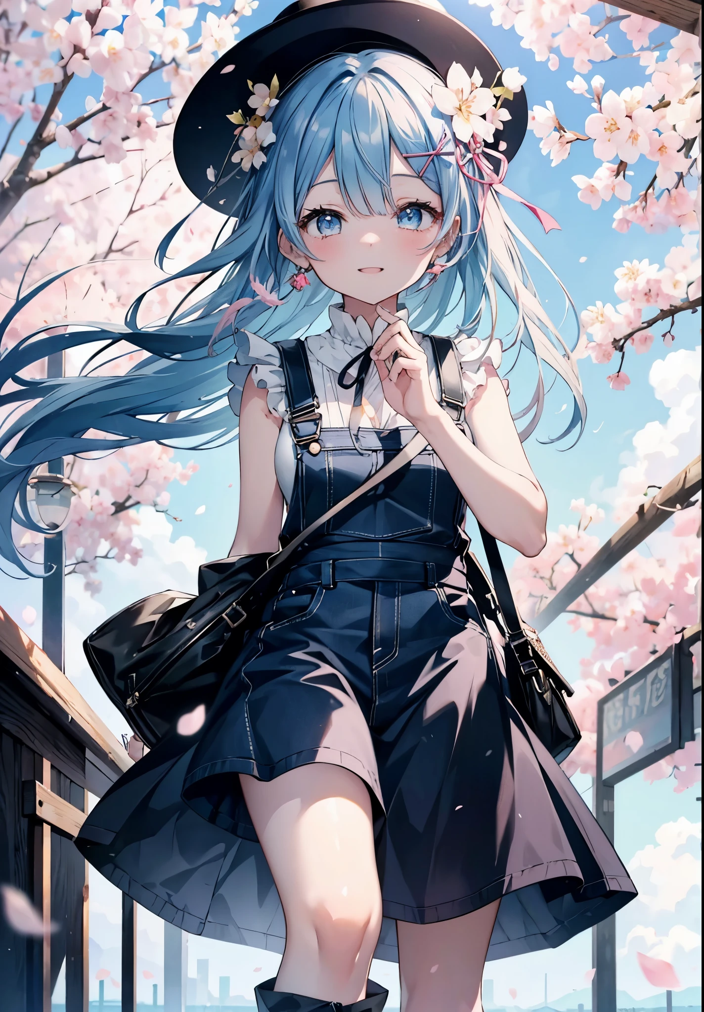 rezeroRem, Rem, blue eyes, blue hair, hair ornaments, hair above one eye, hair ribbon, long hair, x hair ornaments,happy smile, smile, open your mouth,skirt,Hunting Hat,Pink tank top shirt,bare arms,denim overalls,shorts,black tights,Mini Boots,cherry blossoms,cherry blossoms並木道,cherry blossomsが咲いている,cherry blossomsが散っている,morning,morning日,the sun is rising,
break outdoors, garden,
break looking at viewer, (cowboy shot:1. 5)
break (masterpiece:1.2), highest quality, High resolution, unity 8k wallpaper, (figure:0.8), (detailed and beautiful eyes:1.6), extRemely detailed face, perfect lighting, extRemely detailed CG, (perfect hands, perfect anatomy),