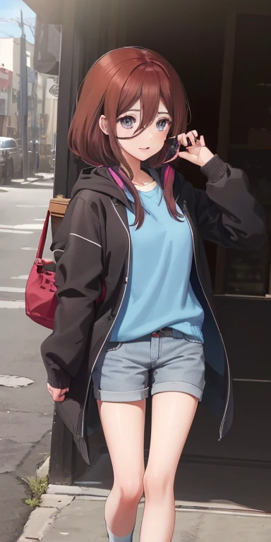 1 chica en, solo, Nakano miku,  long brown hair, pelo entre los ojos, auriculares , pantys, blue cardigan, escote del pecho, muslos muslos muslos muslos, coffee bottom, (rubor rojo:1.3), sentado en el banco, ((piernas abiertas)), opening pantys, ((vibrador debajo de las bragas))