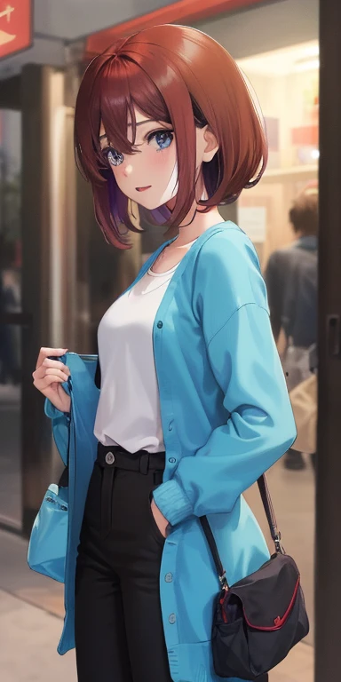 1 chica en, solo, Nakano miku,  long brown hair, pelo entre los ojos, auriculares , pantys, blue cardigan, escote del pecho, muslos muslos muslos muslos, coffee bottom, (rubor rojo:1.3), sentado en el banco, ((piernas abiertas)), opening pantys, ((vibrador debajo de las bragas))