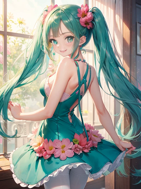 小さなgirl、Face photo、Face up、The arrival of spring、big ass、 (alone:1.5,)Super detailed,bright colors, very beautiful detailed anime face and eyes, look straight, ;d, shiny_skin,girl, ((Turquoise long hair,The inner color is red 、forehead is exposed.、green eyes、、shiny hair, delicate beautiful face, blush、(turquoise eyes), White skin, Valletta, earrings,、blue flower field、(((Floral pink.one piece)))、twin tails、smile、smile、Face dyed red、Face-centered、pantyhose,