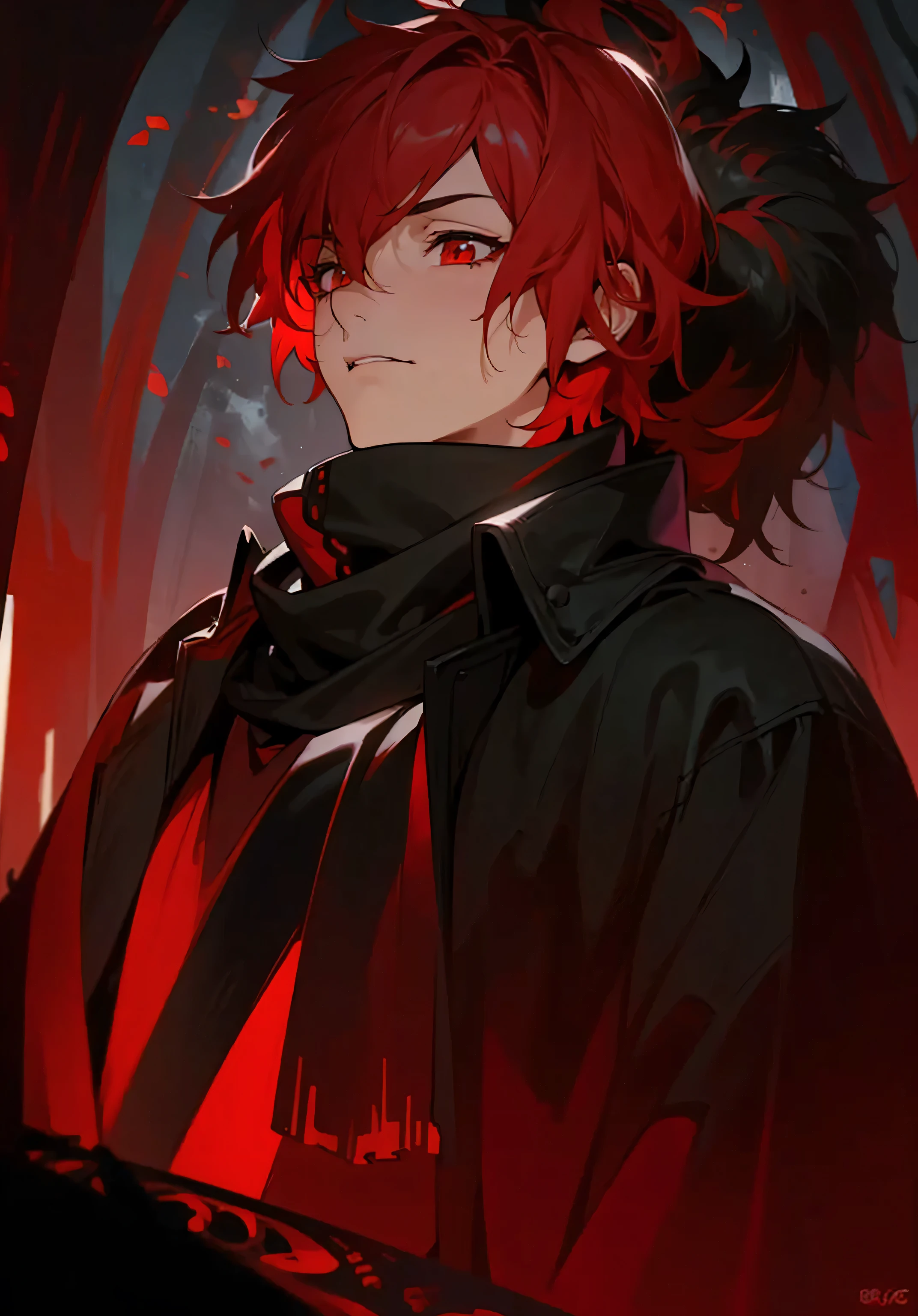 (a boy with darkened red hair, hidden eyes, highly detailed, emitting a dark aura, dressed in a black cloak, Anime boy, high quality, 8k)
(best quality, 8k, ultra-detailed, realistic:1.37), dark atmosphere, black background, intense shading, vibrant colors, intricate character design, dynamic pose, flowing red hair, glowing red eyes, striking facial features, brooding expression, mysterious aura, impeccable linework, meticulous attention to detail, anime-style rendering, dramatic lighting, atmospheric shadows, cinematic composition, intense emotions, epic scale