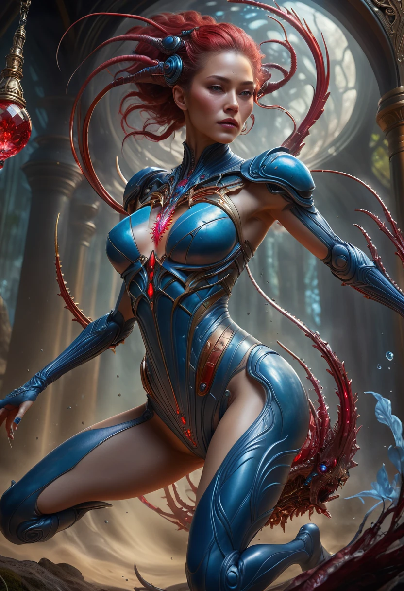 best quality,4k,8k,highres,masterpiece:1.2,ultra-detailed,realistic:1.37,HDR,UHD,studio lighting,ultra-fine painting,sharp focus,physically-based rendering,extreme detail description,professional,art nouveau,tarot card style, (two characters), dynamic angle, dynamic pose, alien female,(creatures from outer space), cyborg style,(An alien female is resurrecting a creature from the dead:1.6), (raising the undead), (she is infusing energy into the creature's corpse:1.37), red energy lines,(blood strings floats around the environment and flows into the creature's corpse), fractalized, android, (wearing a cyborg exoskeleton),alien flora,(spectacular nature background with crystalized blood rocks),vivid colors,silver and dark turquoise hues,trending on cgsociety,landscape,(horror),sci-fi,concept artists,bright and vibrant colors,dreamy lighting