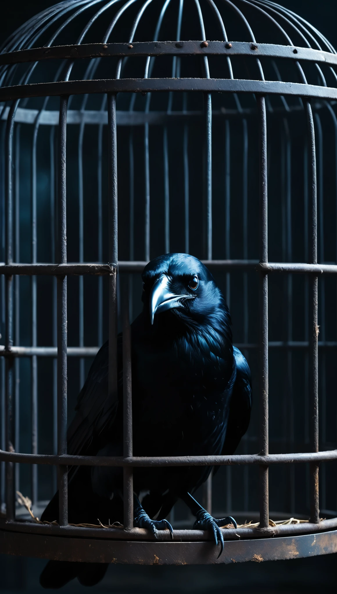 A black crow in an old cage, creating a scary atmosphere, in a closeup, cinematic shot, with a dark and gloomy style, in the style of Christopher Nolan, photography, with cinematic lighting