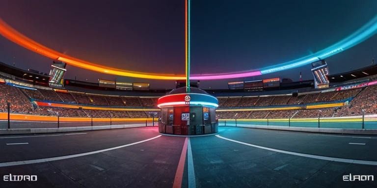 Tourist attraction eletronic, with colorful colors, in a clean space like a square, 360° panorama image, the edges must fit like a 360° image looper