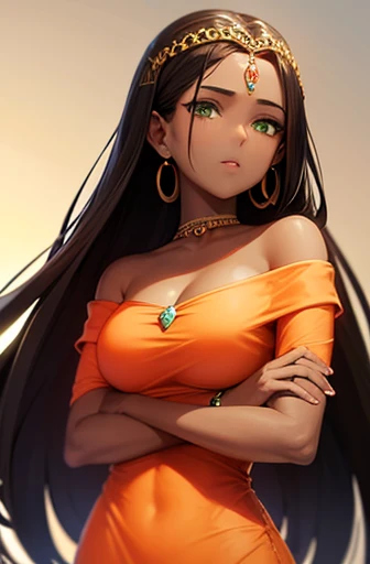 A dark-skinned adult woman with green eyes and long straight brown hair showing her forehead is wearing an orange off-the-shoulder dress　circlet　Ring earrings　tie hair back