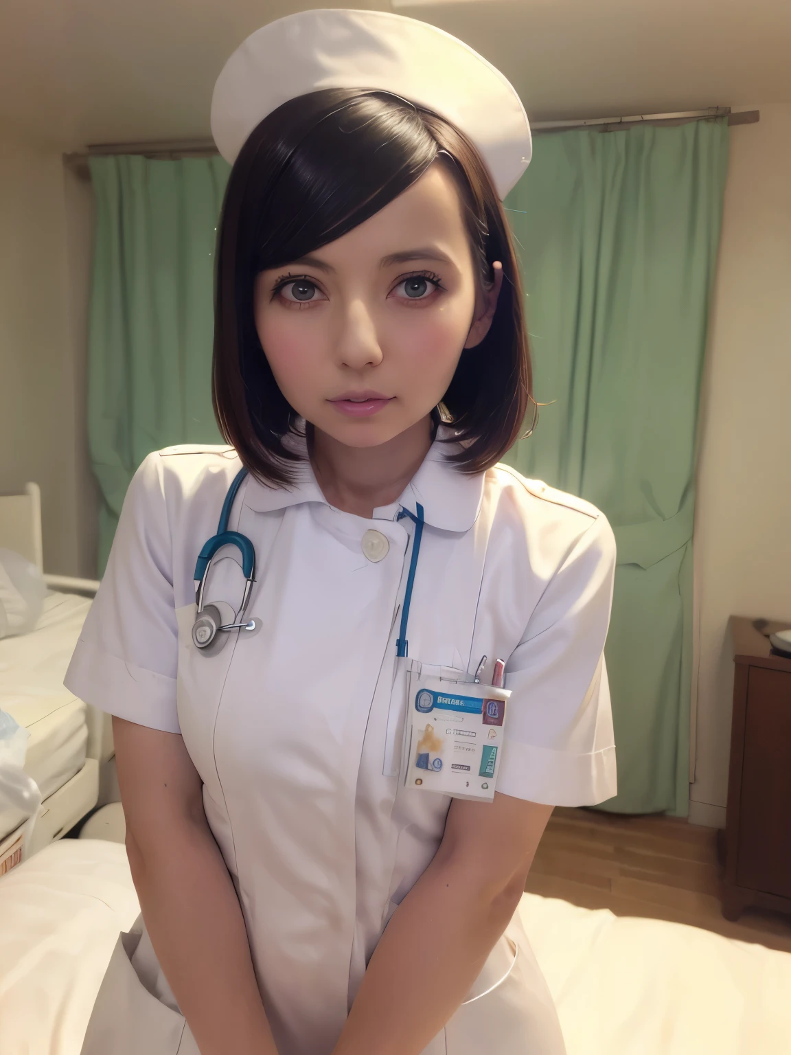 1 girl,(Wearing white nurse clothes:1.2),(Raw photo, highest quality), (realistic, photo-realistic:1.4), masterpiece, very delicate and beautiful, very detailed, 2k wallpaper, wonderful, finely, very detailed CG unity 8k wallpaper, Super detailed, High resolution, soft light, beautiful detailed girl, very detailed eyes and face, beautifully detailed nose, finely beautiful eyes, nurse, perfect anatomy, black hair, up style, nurse uniform, ((nurse cap)), long skirt, nurse, white costume, thin, hospital, clear, white uniform, hospital room, Neck auscultation,(becky)