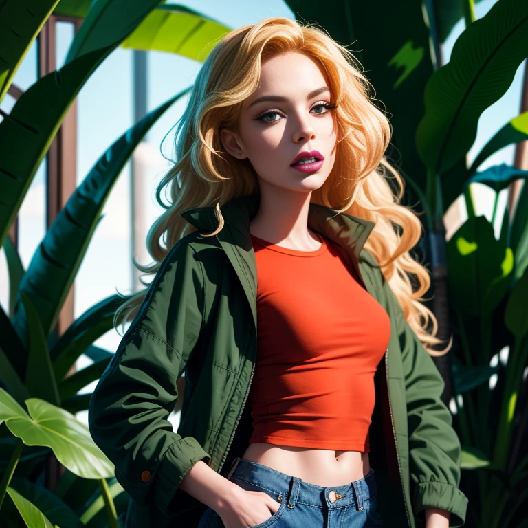 debbieb3rry, in jungle, long curly blonde hair, green jacket, orange shirt, torn jeans, purple lips, (intricate details), perfect eyes, perfect face, perfect lighting, beautiful, (masterpiece:1.2), (best quality:1.2)