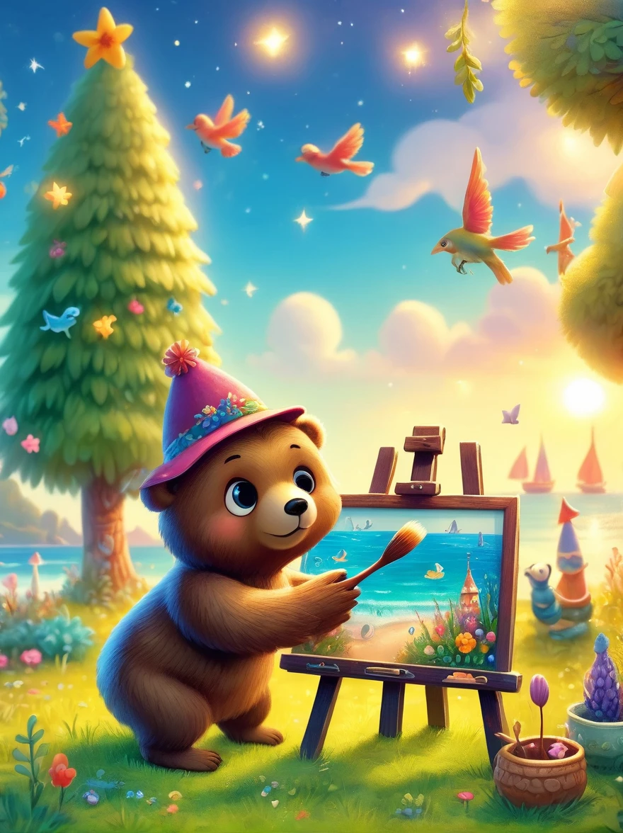Photos with tilt-shift effect, Selective focus, Miniature effects, Very detailed, bright, View control, Naturally tilted pictures (Whimsical sense of art), charming additional fluffy, Cute little bear wearing a hat, ((He painted a still life on his easel, brush, sea view)), magic, macro photography, (charming:1.3), (luminescent: 1.2), (huge flora: 1.1), mystery, vivid photography, flashing light, Preoccupied, Bizarre, Disturbing, soft focus, Overly detailed digital art