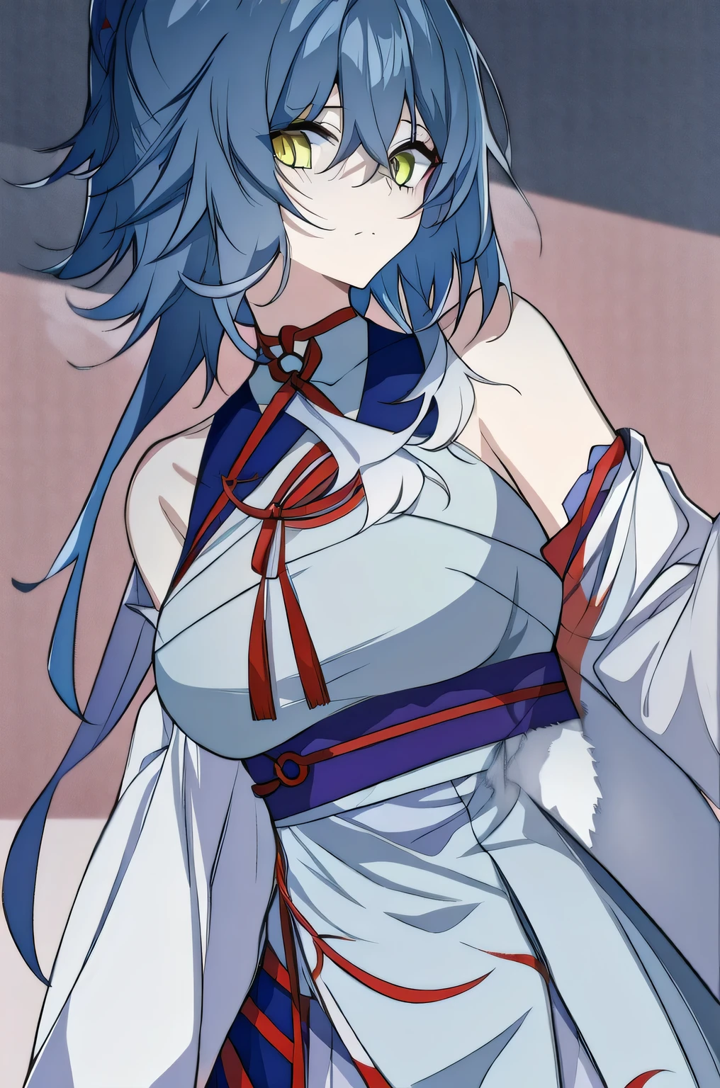 (masterpiece, best quality:1.2), 1girl, solo,blue hair, yellow eyes, taoist robe,white thights, red string, red choker