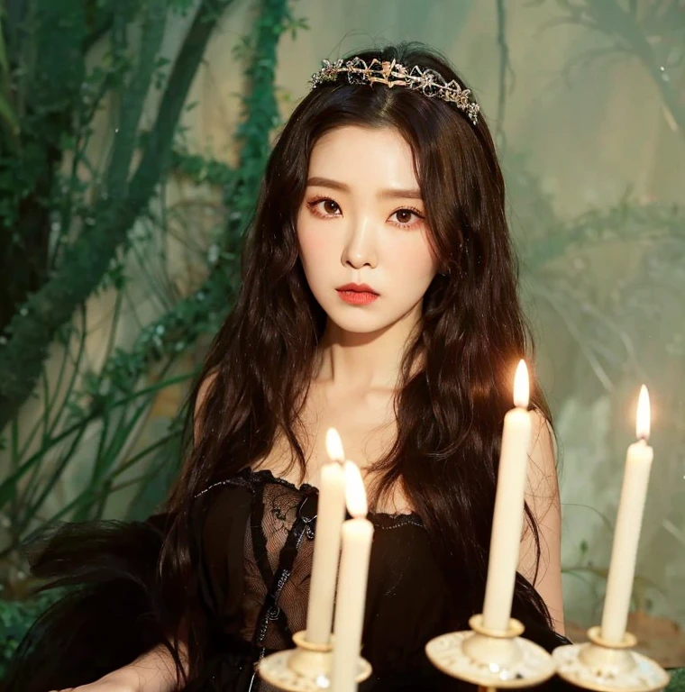 An Araki woman in a black dress holds a tray with candles, classical witch, beautiful vampire female queen, Elegant Gothic princess, lovely dark autumn princess, iu lee ji-eun as a super villain, shaxi, Li Zixin, Portrait of a young witch, carmilla vampire, beautiful vampire queen, with long hair and piercing eyes, cruel korean goth girl