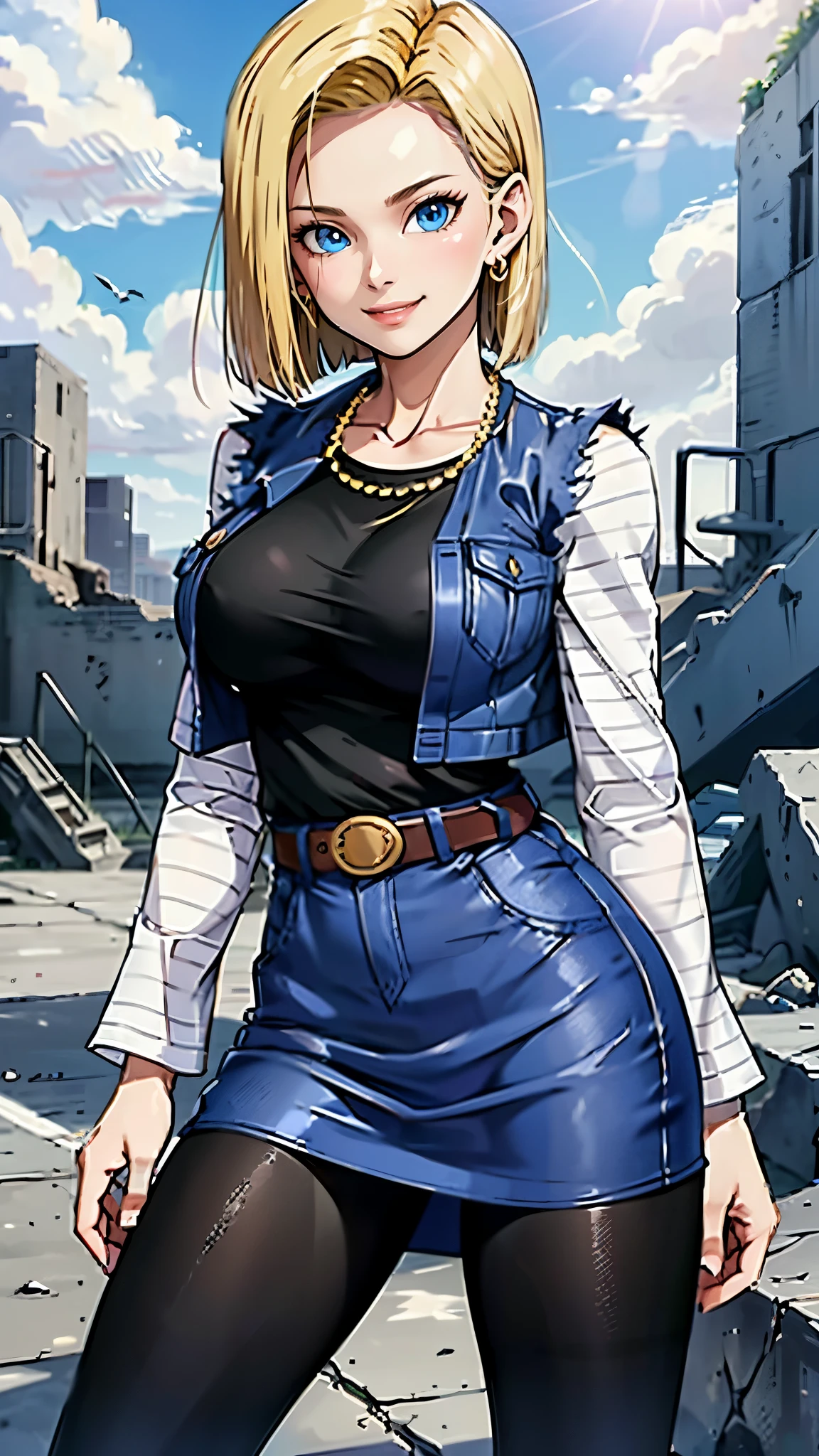 best quality, high-res, and18, 1girl, android 18, solo, blonde hair, blue eyes, belt, blue demin bodycon micro skirt, gold necklace, black shirt, short hair, long sleeves, white striped sleeves, earrings, open vest, blue denim vest, large breasts, cowboy shot, forest, straight-on, (weather: windy), combat stance, full length pantyhose, battle ruins, wide hips, shy smile,