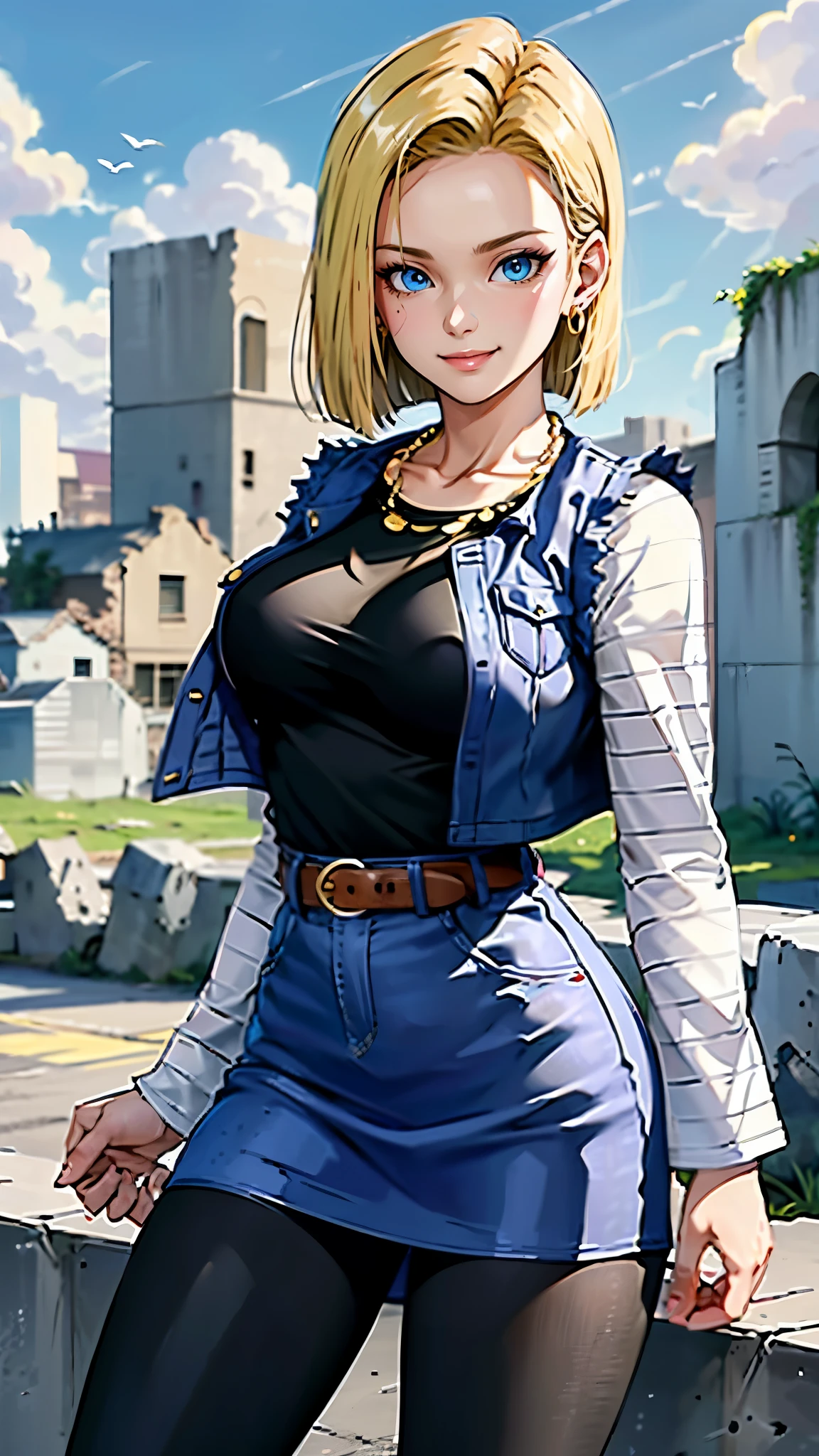 best quality, high-res, and18, 1girl, android 18, solo, blonde hair, blue eyes, belt, blue demin bodycon micro skirt, gold necklace, black shirt, short hair, long sleeves, white striped sleeves, earrings, open vest, blue denim vest, large breasts, cowboy shot, forest, straight-on, (weather: windy), combat stance, full length pantyhose, battle ruins, wide hips, shy smile,