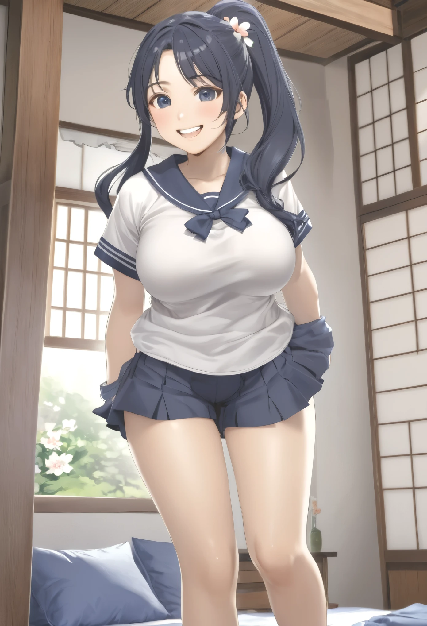 white large plainＴshirt)),((Navy blue bloomers)) 、huge breasts、ponytail, japanese girl, 8K, ((full body shot))， highest quality, masterpiece, realistic, Photorealistic super detail, one girl, cute, best smile, beautiful eyes, long hair, perfect face,full body shot