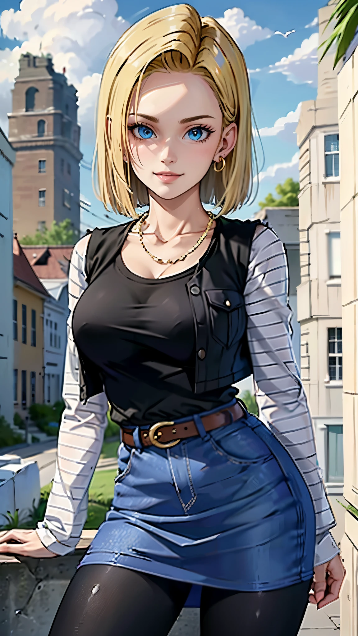 best quality, high-res, and18, 1girl, android 18, solo, blonde hair, blue eyes, belt, blue demin bodycon micro skirt, gold necklace, black shirt, short hair, long sleeves, white striped sleeves, earrings, open vest, blue denim vest, large breasts, cowboy shot, forest, straight-on, (weather: windy), combat stance, full length pantyhose, battle ruins, wide hips, shy smile,