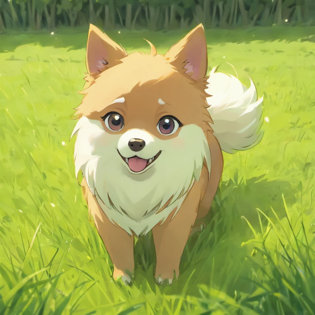 German Spitz Illustration Movie Lighting Effects，German Spitz dog sitting on the grass，white, Your eyes were glued to the screen，Optimize eye details，Your eyes were glued to the screen，Optimized eye details for better quality，high detail，better quality，8K, 3D rendering，VR5.0 Rendering Rendering，Unreal Engine 5 Rendering