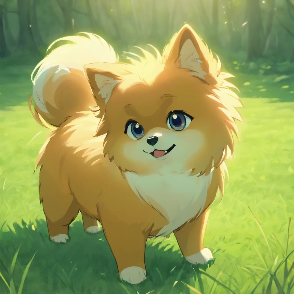 German Spitz Illustration Movie Lighting Effects,German Spitz dog sitting on the grass,white, Your eyes were glued to the screen,Optimize eye details,Your eyes were glued to the screen,Optimized eye details for better quality,high detail,better quality,8K, 3D rendering,VR5.0 Rendering Rendering,Unreal Engine 5 Rendering