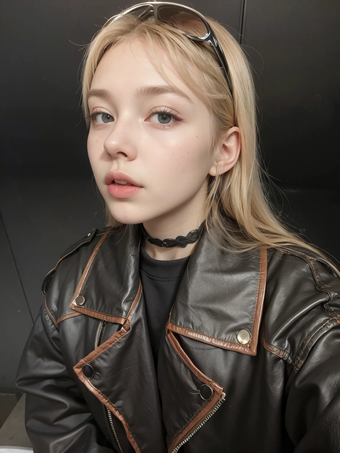 blond girl with a black couro jacket and a brown couro jacket, she parece uma mistura de sujeira, 1 7 year old goth girl, retrato de Kim Petras, parece uma mistura de sujeira, in an old 1950s couro jacket, 🤤 retrato de , goth girl aesthetic, dressed in couro jacket, couro, eva elfo
