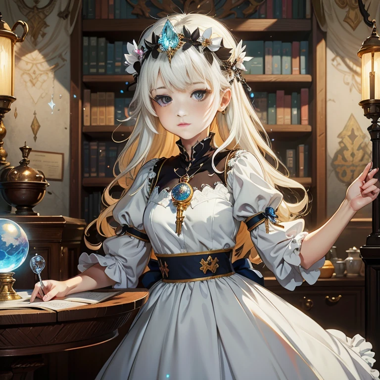 anime girl in a white dress holding a blue crystal ball, cushart krenz key art feminine, alchemist library background, guweiz on pixiv artstation, alchemist girl, 8k high quality detailed art, shadowverse style, epic light novel art cover, guweiz on artstation pixiv, trending on artstation pixiv