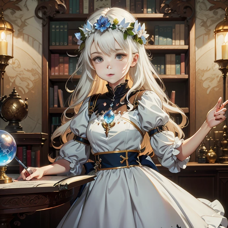anime girl in a white dress holding a blue crystal ball, cushart krenz key art feminine, alchemist library background, guweiz on pixiv artstation, alchemist girl, 8k high quality detailed art, shadowverse style, epic light novel art cover, guweiz on artstation pixiv, trending on artstation pixiv