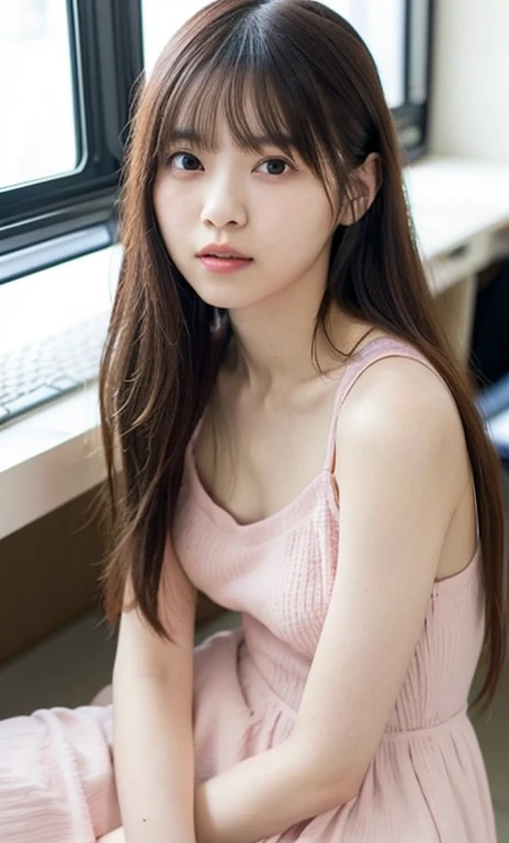 masterpiece、highest quality、16K、ultra high resolution、UHD,Depth of the bounds written、very detailed、soft light、professional lighting、Pale shading、Weak contrast、Japanese、beautiful girl、slender woman、Smooth, silky skin、clear white skin、daytime office、Window seat、sitting in front of the computer、A tight pink knit dress that hugs her breasts、(smooth and beautiful thighs:1.6)、(small breast:1.0)、flat chest、Childlike breasts、small areola、small nipples、beautiful nipples、Cherry-colored nipples、white breast、fine and beautiful eyes、(hanging eyes)、(thin eyebrows:1.8)、(thin lips:1.8)、natural makeup、natural color lip、gentle smile、(floating hair、long wavy hair、high ponytail),(The bangs are see-through bangs)、