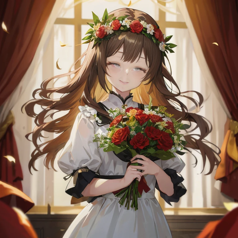 anime girl with long hair holding a bouquet of flowers, rin, portrait of lolita, marin kitagawa fanart, kawacy, guweiz, anime moe artstyle, [[[[grinning evily]]]], from girls frontline, with flowers, guweiz on pixiv artstation, ( ( ( yoshinari yoh ) ) )